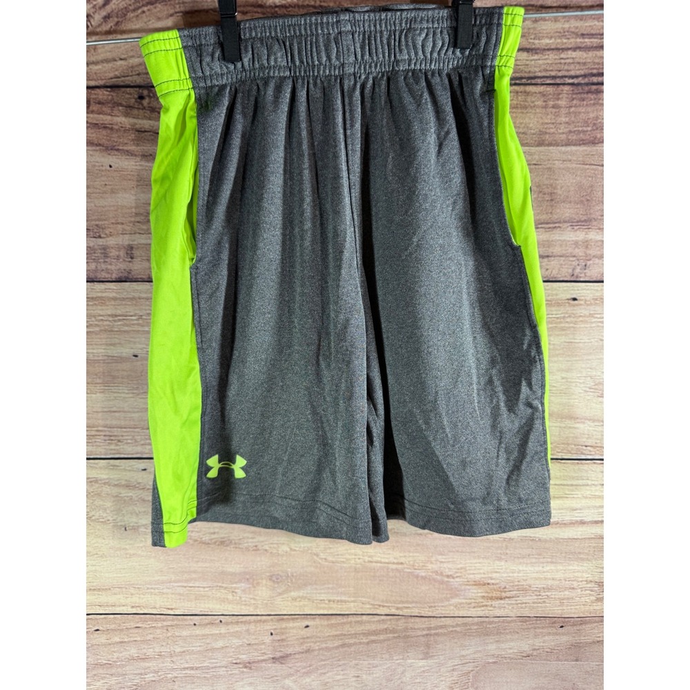 Under Armour Boys Athletic Shorts Gray Neon Green Size 6 Elastic Waist Pockets